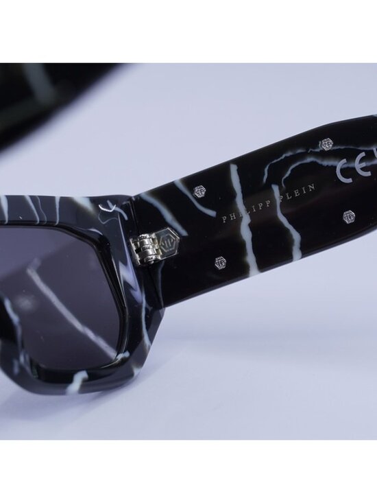 Philipp Plein SPP066M 0Z21 Sunglasses Marbled Black Geometric Frame, Grey Lenses